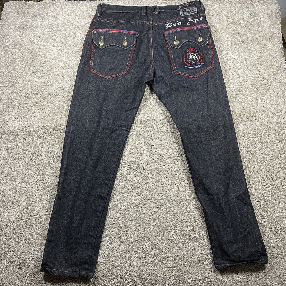 Red Ape Mens Dark Wash Embroidered Baggy Hip Hop Jeans Size 40 Plaid‎ Trim Y2K